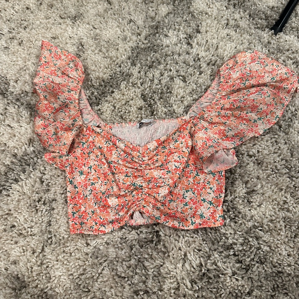 Zara Floral Ruffle Sleeve Crop Top